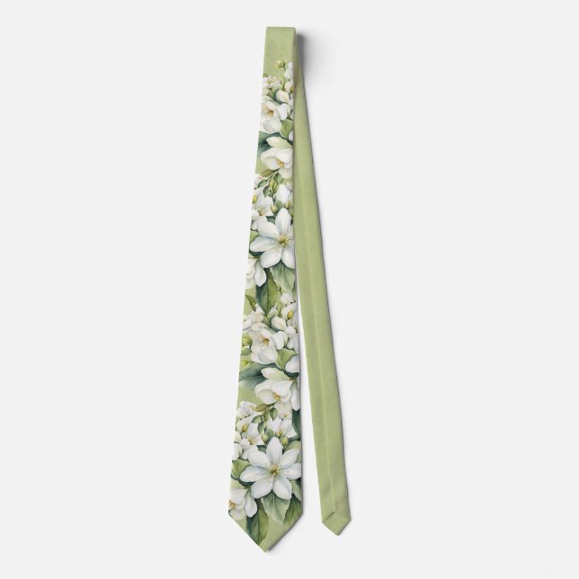 Cravate Élégant blanc Florals Green Groom Mariage (Devant)