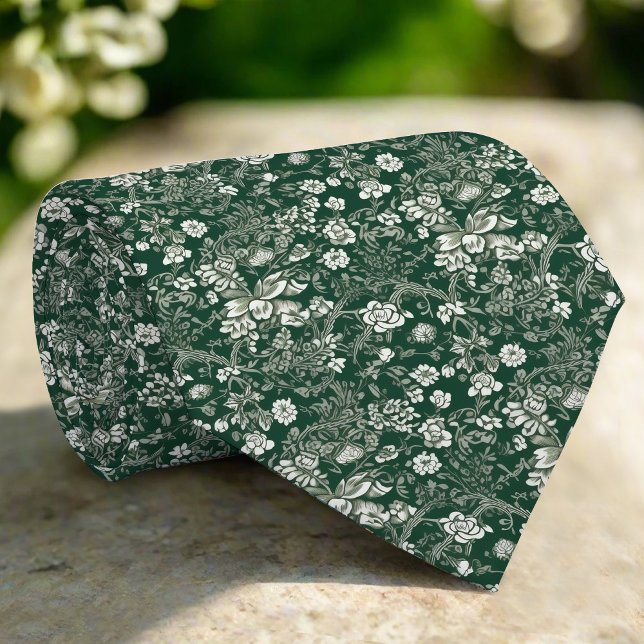 Cravate Élégant blanc Motif vert Floral Mariage (Créateur téléchargé)