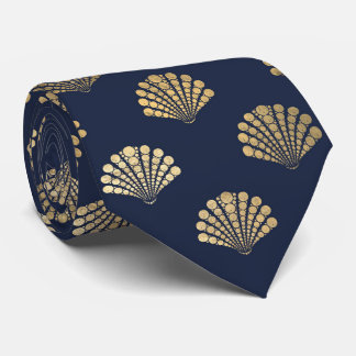 Cravate Elégant Bleu Coquillage d'or Océan Motif Hommes