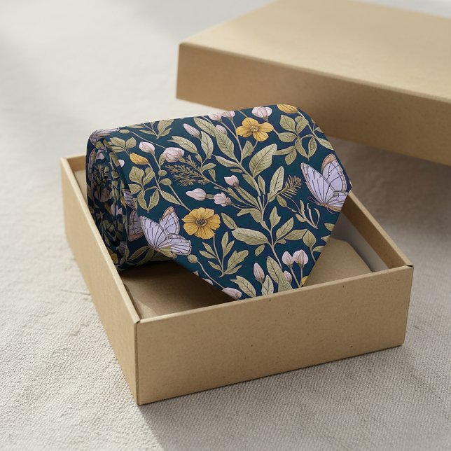 Cravate Elegant Botanical Pattern with Butterflies on Dark (Elegant Botanical Pattern with Butterflies on Dark Neck Tie #botanical #darknecktie #floraltie)