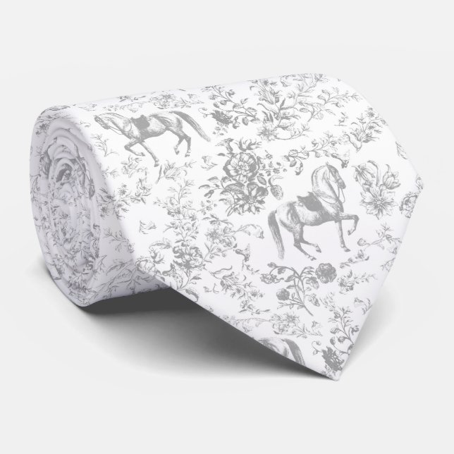 Cravate Élégant Classique Toile Équestre Grise et Blanche  (Roulé)