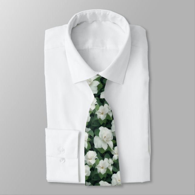 Cravate Élégant classique vert botanique blanc floral (Attaché)