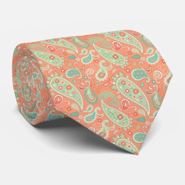 Cravate Elégant Corail & Mint Green Floral Paisley (Roulé)