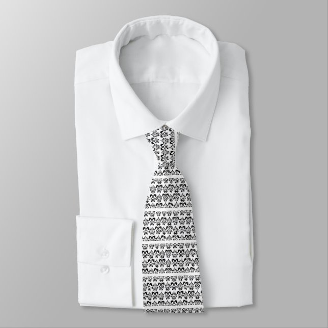 CRAVATE ÉLÉGANT DAMAS FLORAL NOIR BLANC AVEC RAYURES (Attaché)
