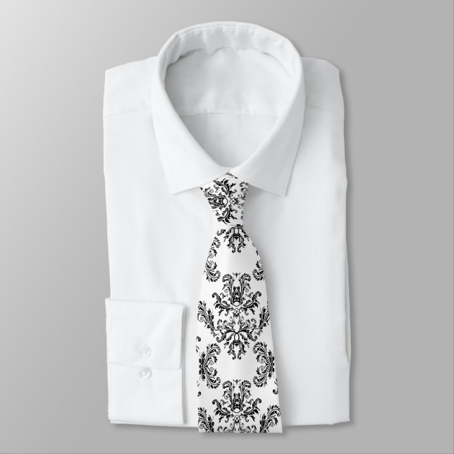 Cravate Élégant damas noir vintage sur blanc (Attaché)