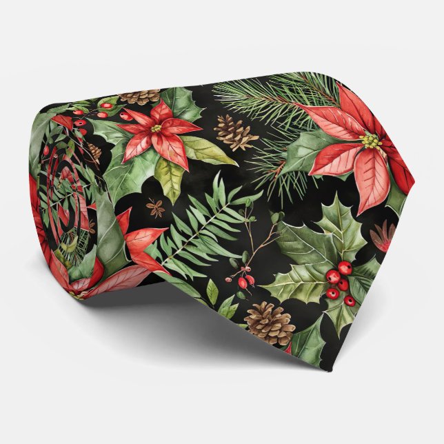Cravate Elegant Festive Christmas poinsettia Pattern (Roulé)