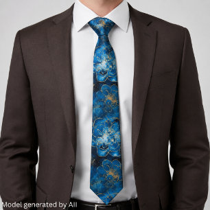 Cravate Élégant floral abstrait bleu et or
