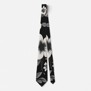 Cravate Élégant floral blanc et gris sur fond noir