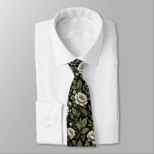 Cravate Élégant floral blanc vintage botanique vert foncé