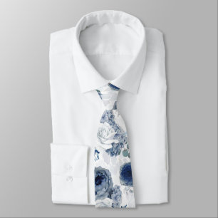 Cravate Élégant floral chic bleu poussiéreux botanique pou
