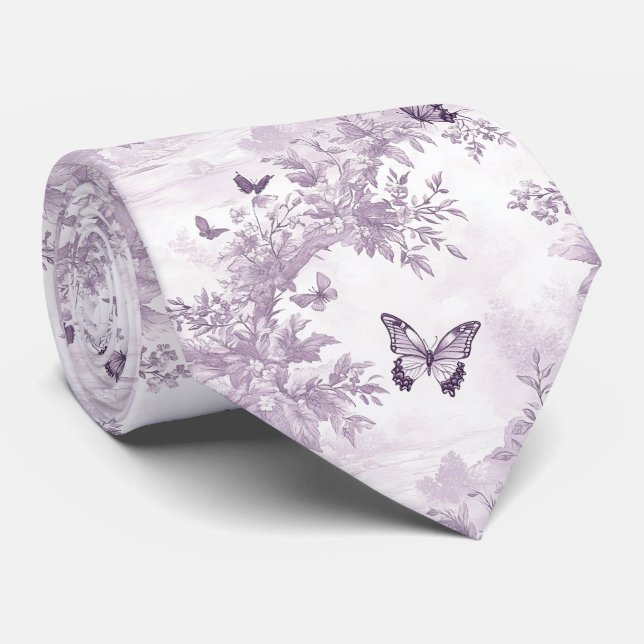 Cravate Élégant floral pourpre et papillons (Roulé)
