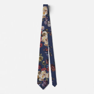 Cravate Élégant Floral Vintage Sombre sur Fond Bleu Marine