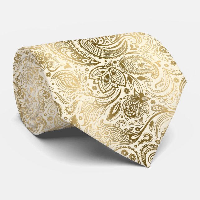 Cravate Élégant ivoire et or Vintage Motif Paisley (Roulé)