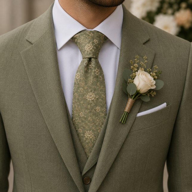 Cravate Élégant Luxe Botanique Vert Sauge Vintage  (Créateur téléchargé)