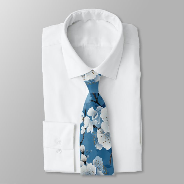 Cravate Elégant Mariage bleu blanc fleur travail (Attaché)