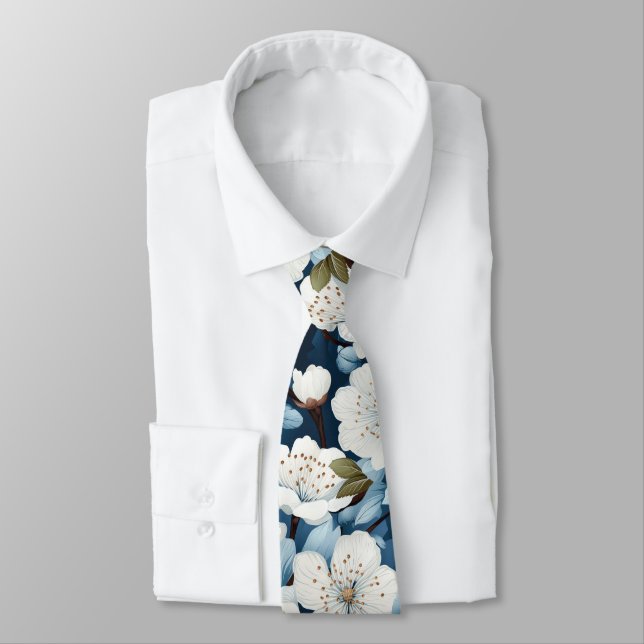 Cravate Elégant Mariage bleu blanc fleur travail (Attaché)