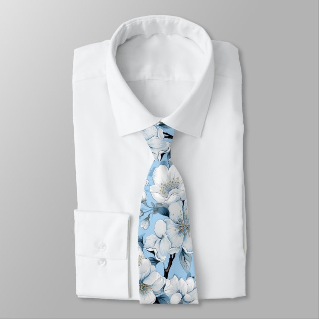 Cravate Elégant Mariage bleu blanc fleur travail (Attaché)