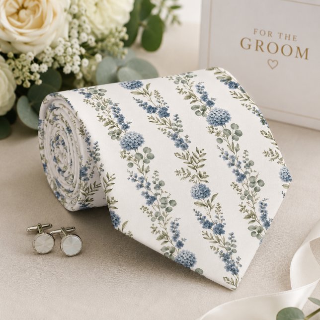 Cravate Élégant Mariage Botanique Bleu Poussiéreux (Créateur téléchargé)