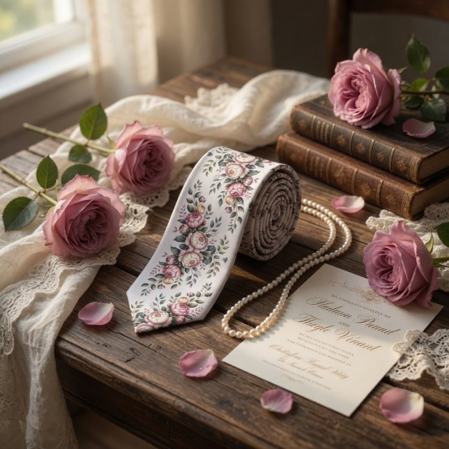 Cravate Elegant Mauve Rose Vintage Floral  (Créateur téléchargé)