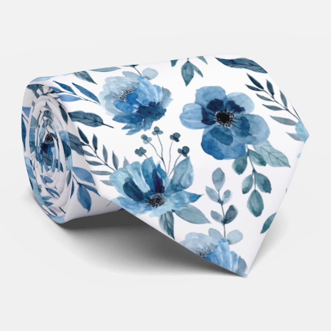 Cravate Elégant Modèle Floral Bleu Pour Mariages (Roulé)