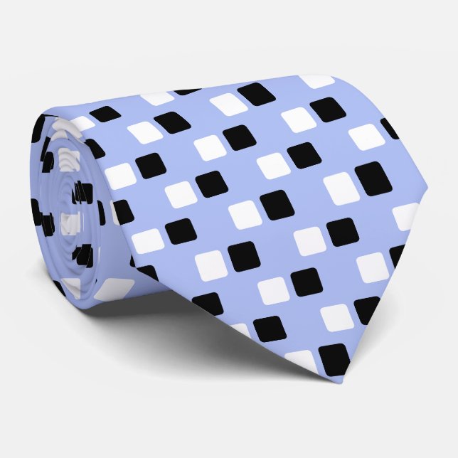Cravate Élégant Moderne Carrés Noir et Blanc sur Fond Bleu (Roulé)