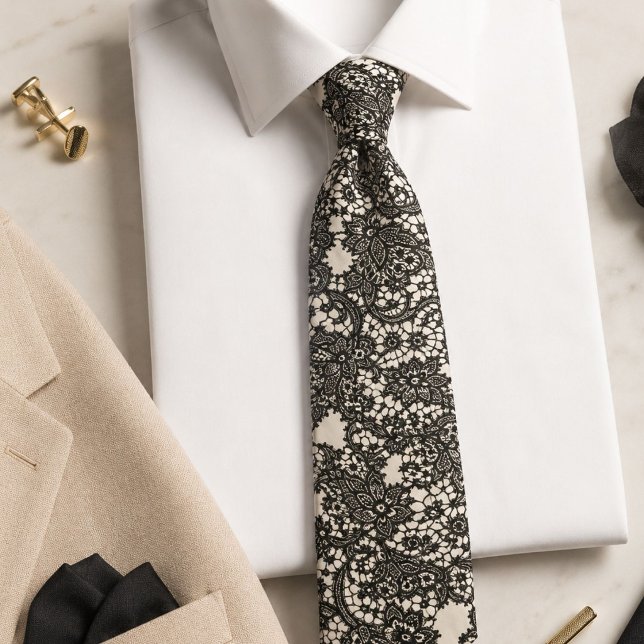 Cravate Élégant Moderne Élégant Vintage Beige Noir Dentell (Elegant Modern Stylish Vintage Beige Black Lace Neck Tie)