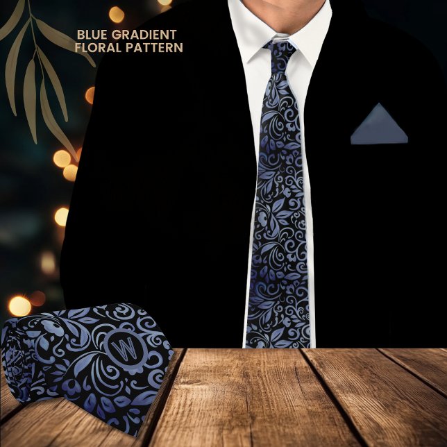 Cravate Élégant Monogramme floral noir dégradé (Elegant Black Blue Gradient Floral Monogram Neck Tie)