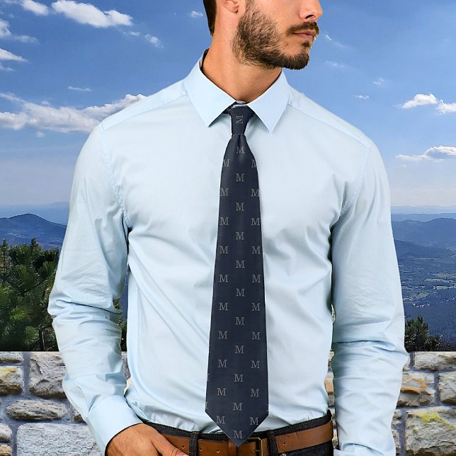 Cravate Élégant Monogramme gris bleu marine Personnalisé (Créateur téléchargé)