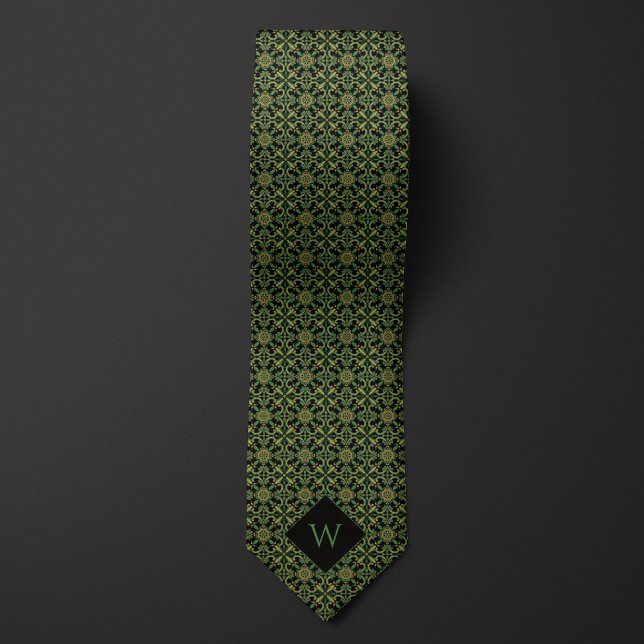 Cravate Élégant Monogramme vert et noir arabesque (Créateur téléchargé)