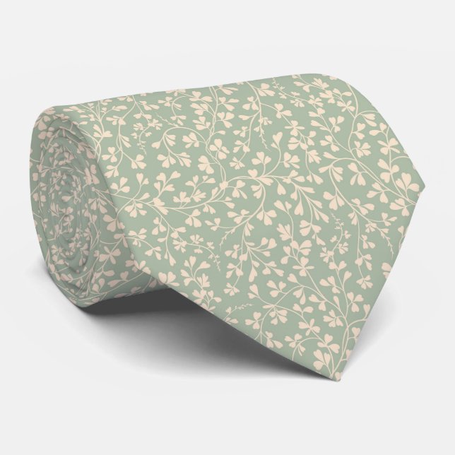 Cravate Élégant motif botanique vert sauge (Roulé)