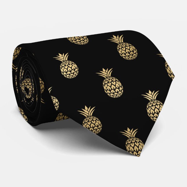 Cravate élégant motif d'ananas carrelé noir (Roulé)