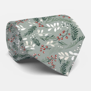 Cravate Élégant motif de feuilles de Noël vert sauge festi