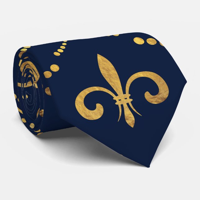 Cravate Élégant motif Fleur de lis - Or et bleu profond (Roulé)
