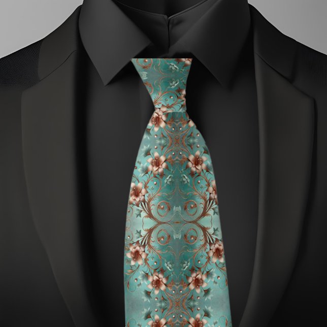 Cravate Élégant motif floral en cuivre et turquoise (Créateur téléchargé)