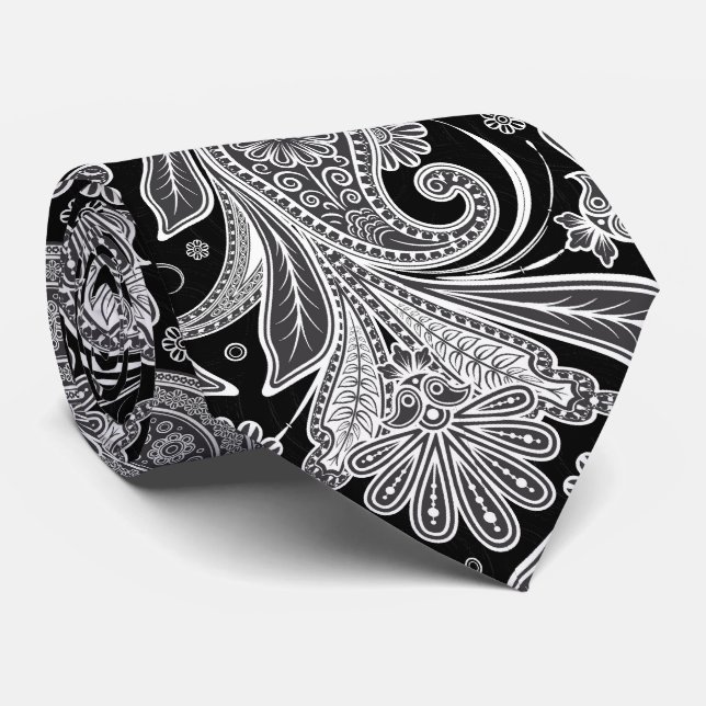 Cravate Élégant Motif noir & blanc Paisley (Roulé)
