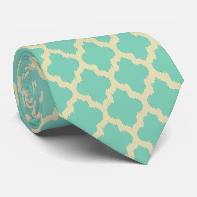 Cravate Élégant Motif Quatrefoil Mint-Green & Beige (Roulé)