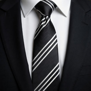 Cravate Élégant Noir avec 3 Lignes Blanches