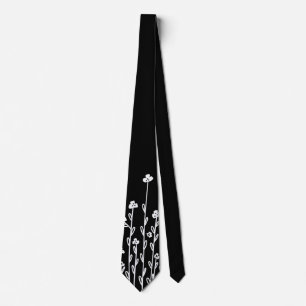 Cravate Elégant noir blanc minimaliste fleur sauvage doodé