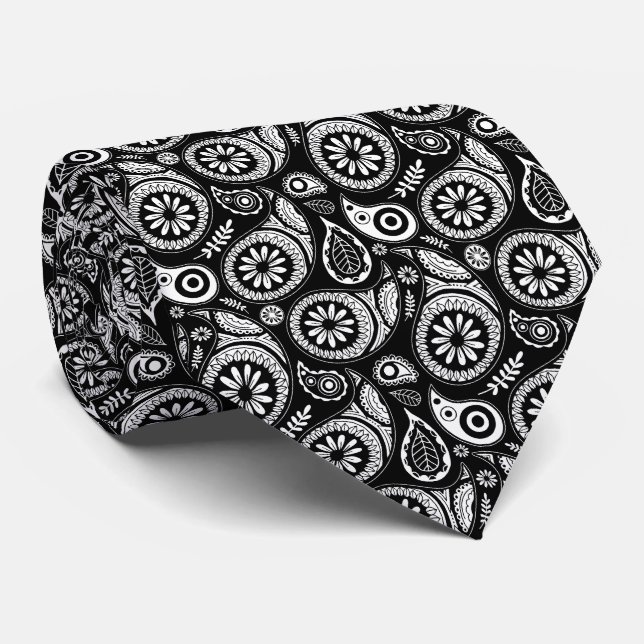 Cravate Élégant noir et blanc Vintage Motif Paisley (Roulé)