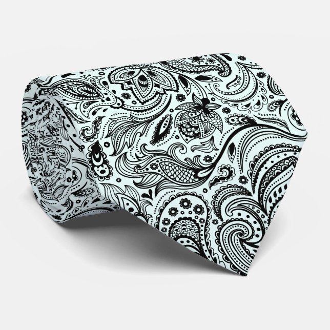 Cravate Élégant noir sur bleu clair Floral Motif Paisley (Roulé)