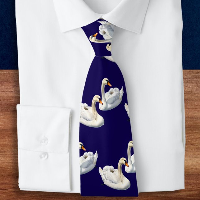 Cravate Elégant Oiseaux Marine Bleu Lac Blanc Cygnes (An elegant tie in navy blue, with a pattern of white swans. Ideal for nature lovers)