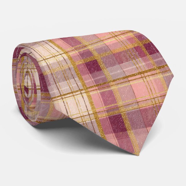 Cravate Elegant Pink and Gold Plaid Gingham Pattern (Roulé)