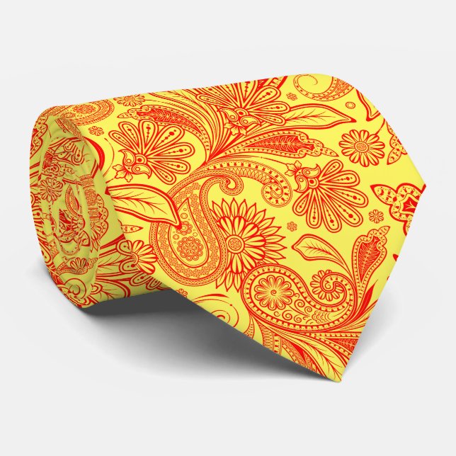 Cravate Elegant Red Paisley On Custom Yellow Background (Roulé)