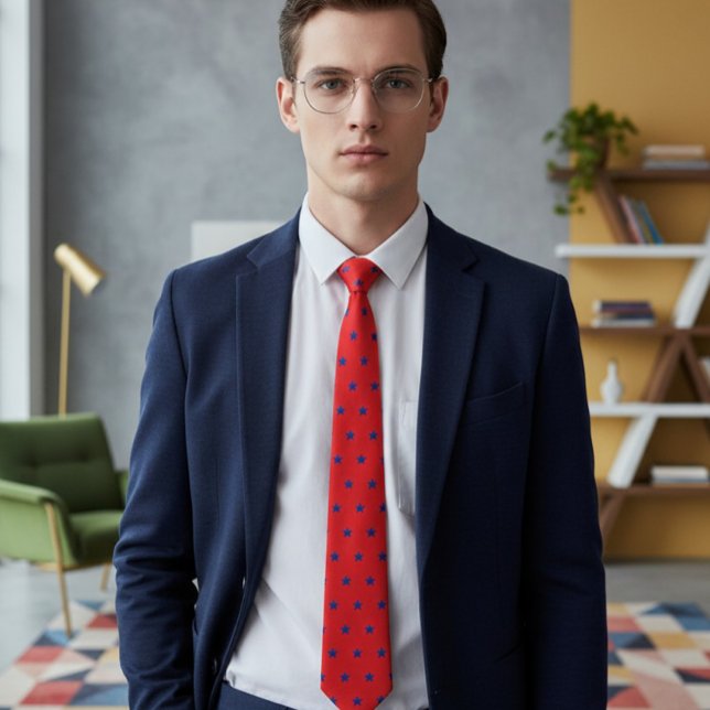 Cravate Elegant Red Tie with Embroidered-Effect Blue Stars (Créateur téléchargé)