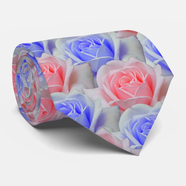 Cravate Élégant rose et bleu poudré Rose Mariage floral (Roulé)