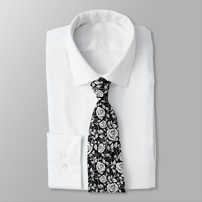 Cravate Élégant Rose Floral Feuille Motif noir et blanc (Attaché)