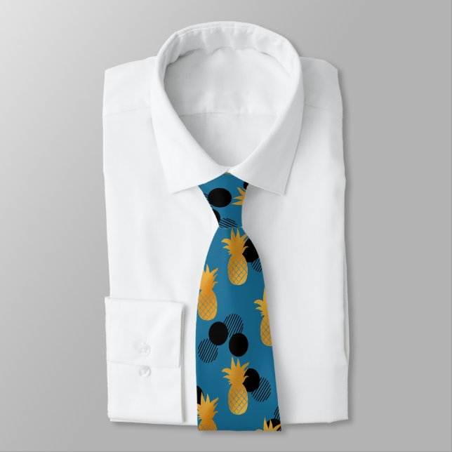 Cravate Élégant Tropical Gold Pineappy Black Polka Dot (Attaché)