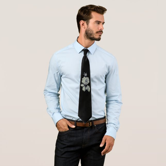 Cravate Élégant Unique Argent Pierre Fleur Noir Floral (En situation)