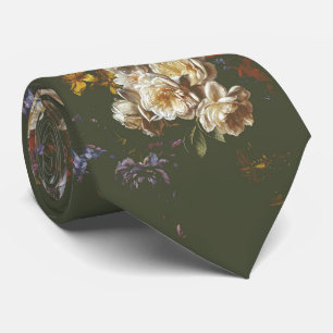 Cravate Élégant Vintage Foncé Floral Olive Vert Sombre