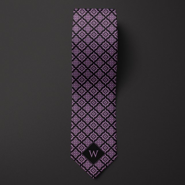 Cravate Élégant violet et noir monogramme arabesque (Créateur téléchargé)